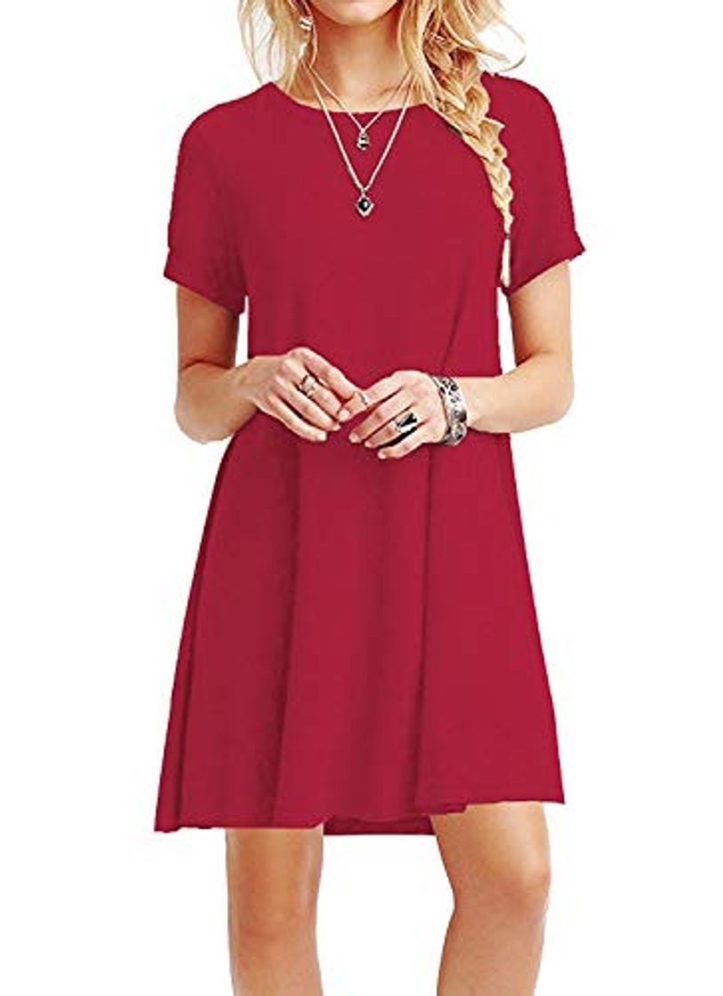 Producto YOUCHAN Vestidos Mujer de Camiseta Suelto Casual Cuello Redondo Ocasional Sólida Mini Vestido_Rojo_L