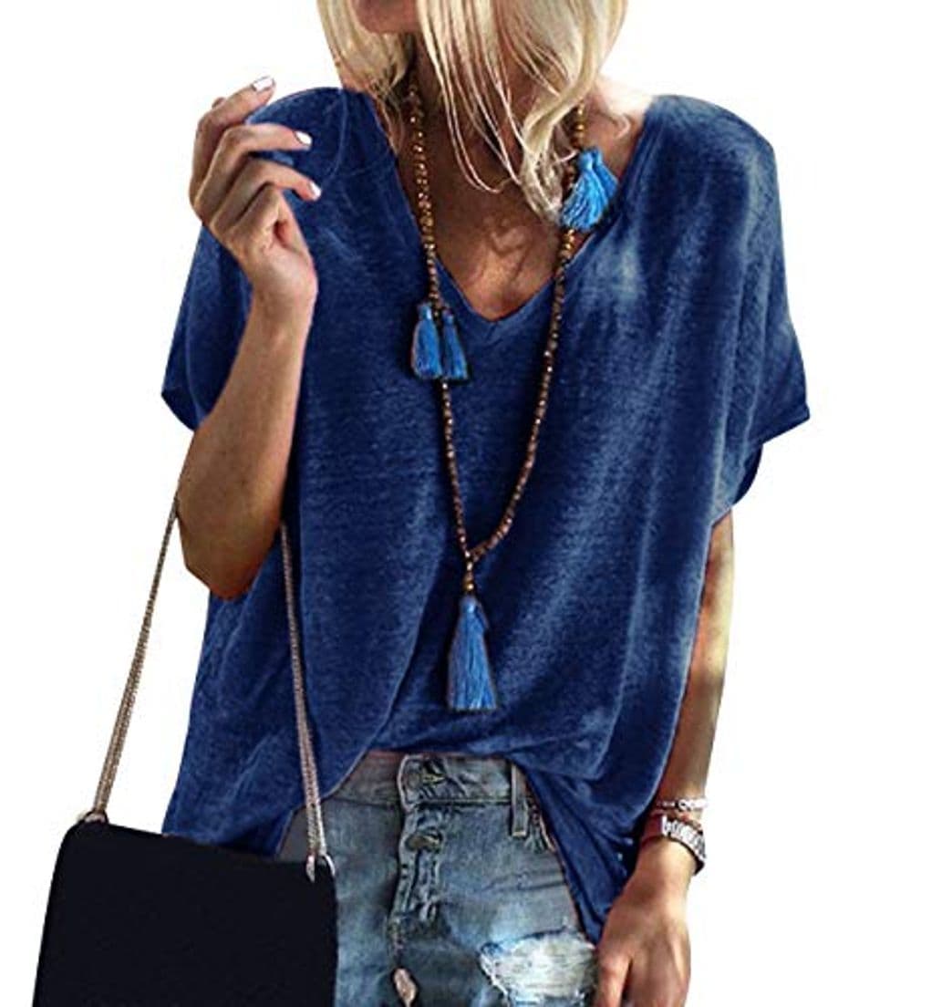 Producto Camiseta Cuello V Mujer Oversize Larga Camisetas Manga Corta Escote V Mujeres Basicas Anchas Tops Verano Damas Casual Remeras Largas Chica Playeras Camisas Señora Blusas Amplias Tunica Túnico Azul XL