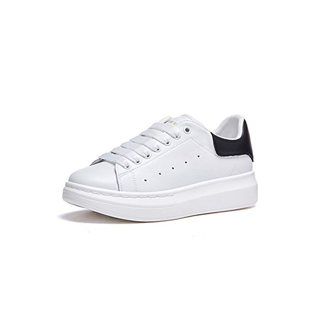 Producto Mujer Zapatillas de Deporte Plataforma Cuero Moda Zapatos Bajas con Cordones Causal Sneakers Blanco Negro 37