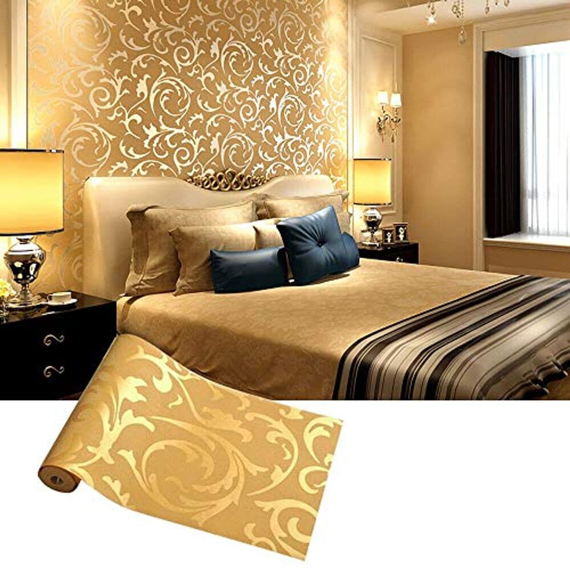 Product MorNon 10M 53CM Papel Pintado Dorado Papel Tapiz de Decoración de la Habitación Fondo de Pantalla 3D Papel Pintado Estampado para Decoración de Techo Pared Dormitorio Sala de Estar