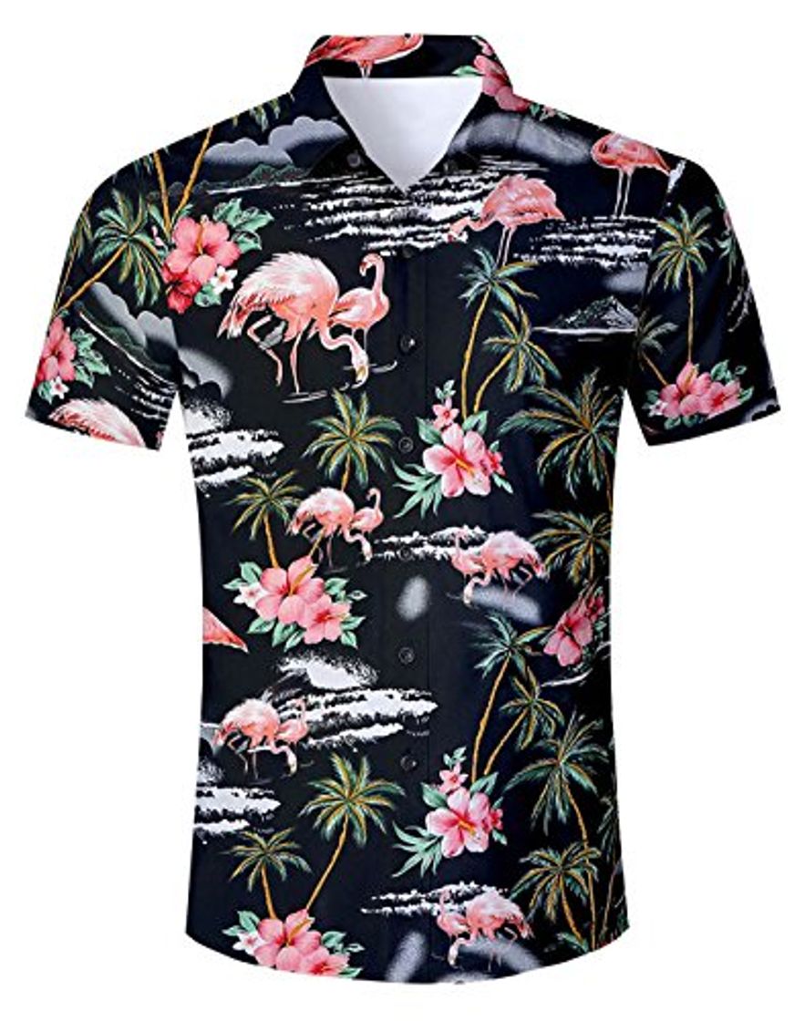 Product AIDEAONE Hombre Camisa de Fiesta de Manga Corta Estampado Negro Hawai Camisa