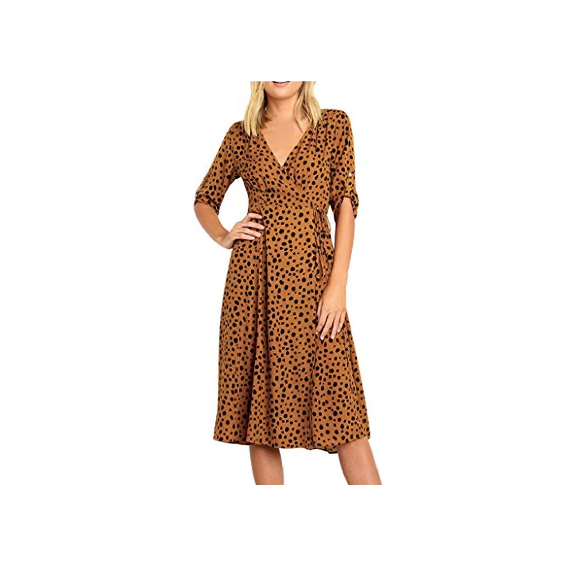 Product Mid Vestido de Leopardo Mujer Lunares Vestido Bandage Suelto Elegante Vestido Manga Corto Boho Vestido de Playa Fiesta Cuello Pico Plisado Amarillo S