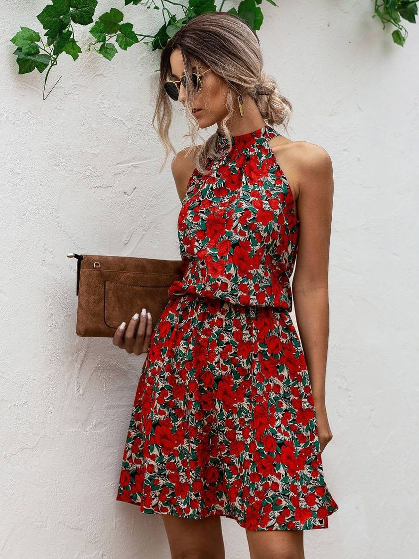 Fashion Vestido línea A halter con estampado floral