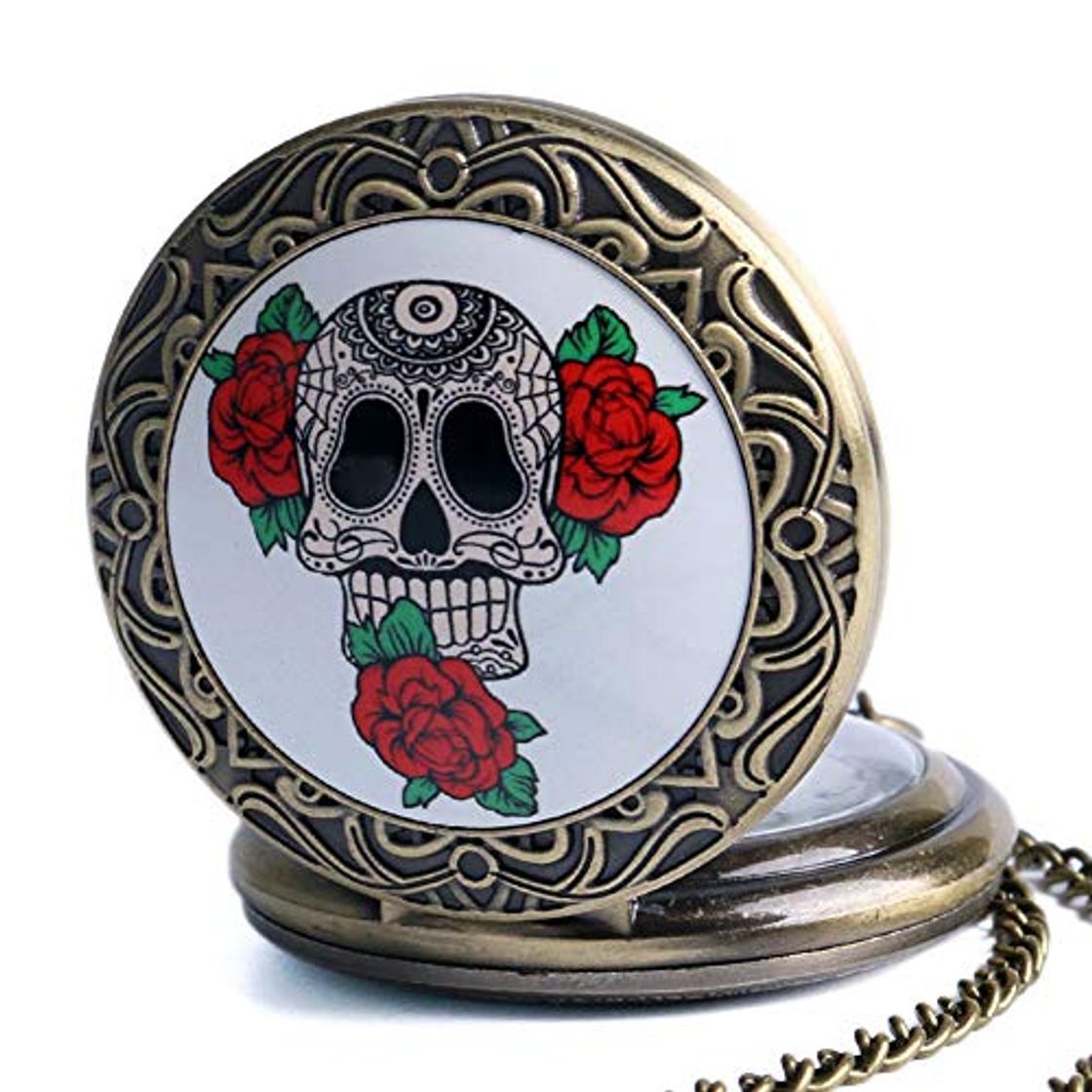 Fashion Reloj de Bolsillo Vintage con diseño de Calavera con Flores