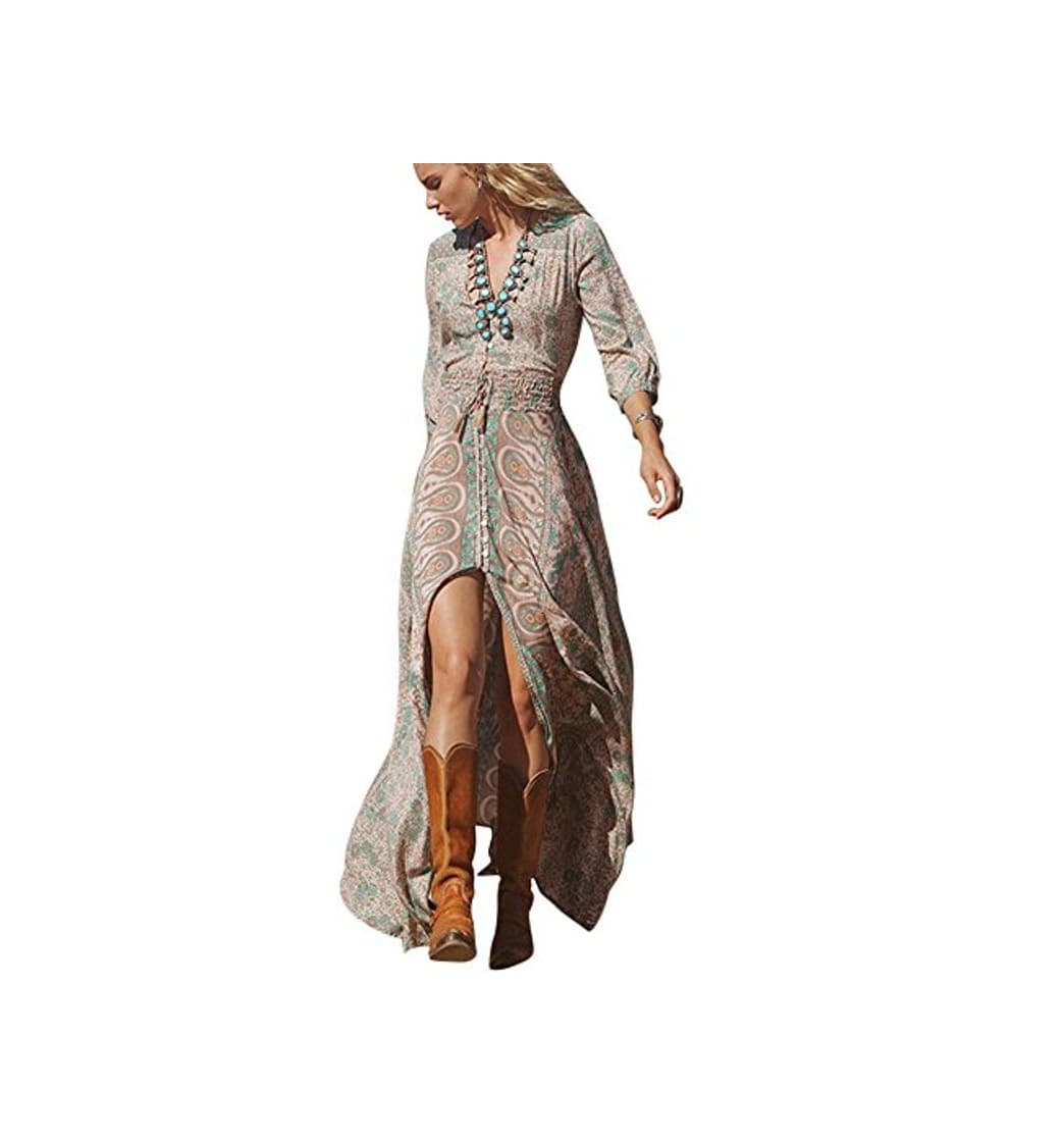 Producto Aberturas Boho Vestido Largo De Manga Larga De Patron De Flor Moda Casual para Mujeres como Imagen S