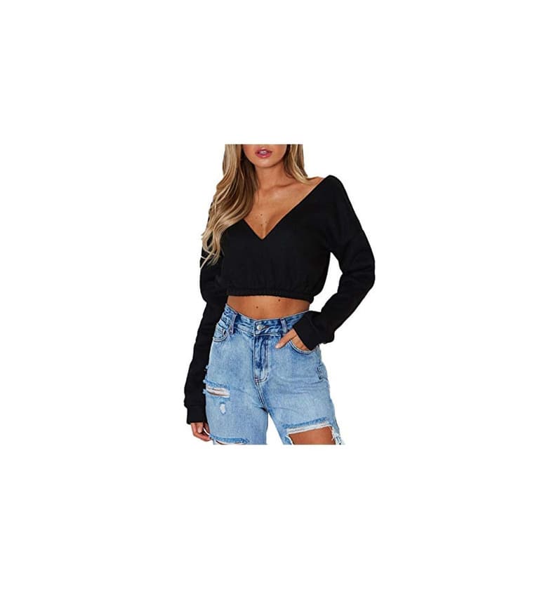 Producto OUFour Primavera y Otoño Mujeres Crop Top Cuello V Manga Larga Remata