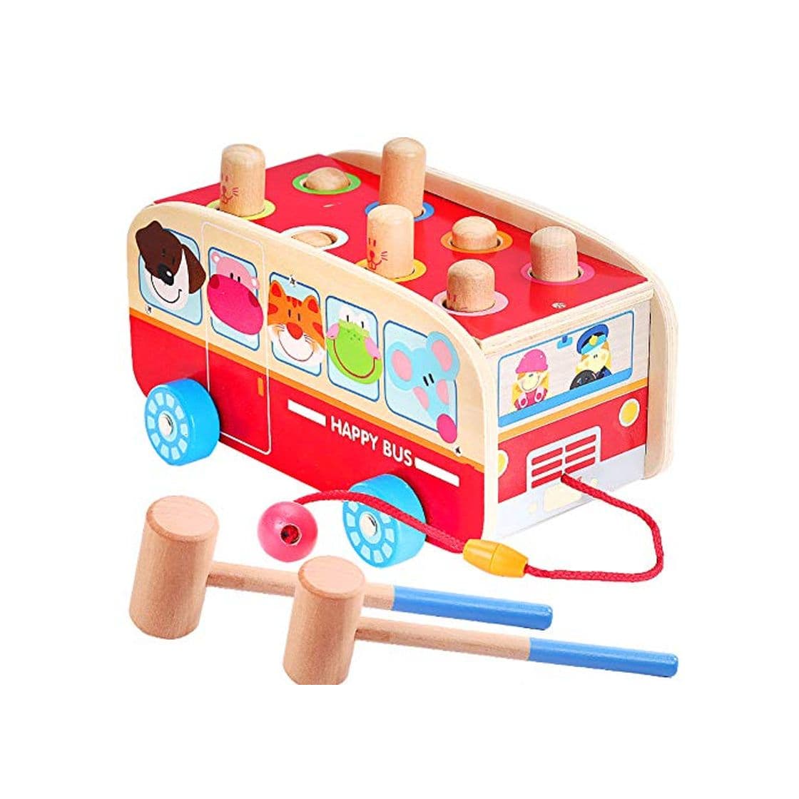 Product Vanplay Juguetes de Martillo de Madera Golpea Topo Juego Bebe Arrastre Bus de Animales Juguete para Niños 18 Meses