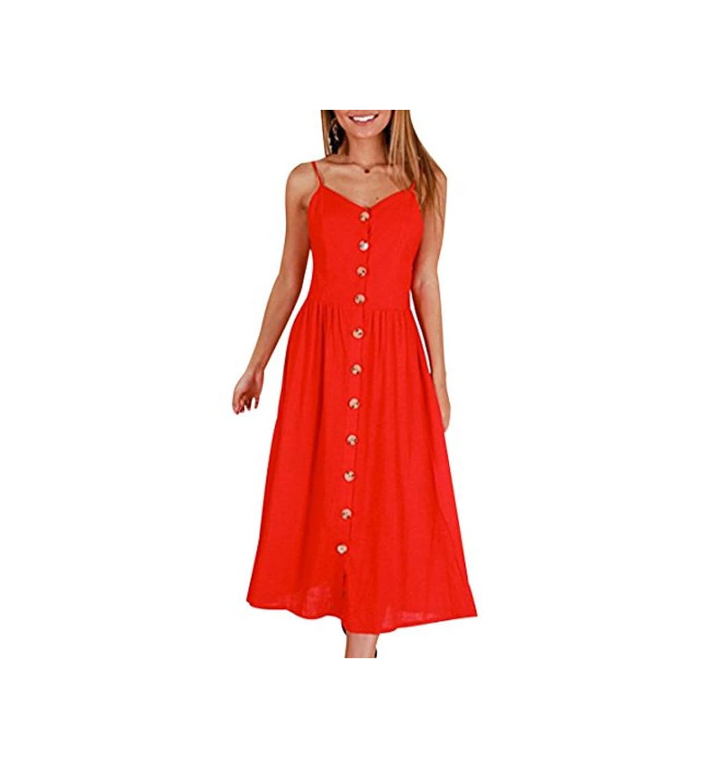 Product ISSHE Vestidos de Verano Midi Mujer Vestido de Diario Boho Estampados Flores Casuales Vestidos Playeros Botón Cuello en V sin Mangas Diarios Señora Vestido Playero Bonitos Fiesta Casual Coctel Rojo S