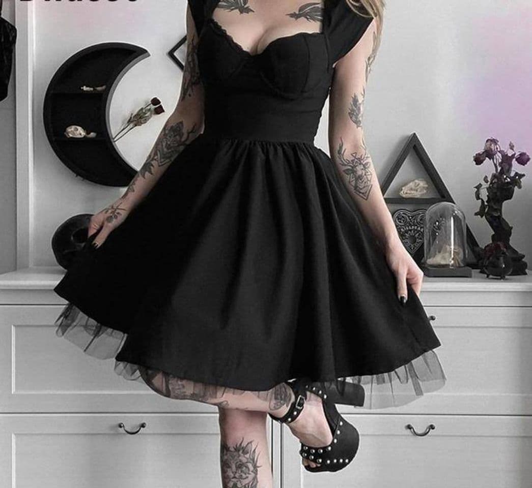 Moda Vestido vintage Harajuku Goth negro de mujer punk

