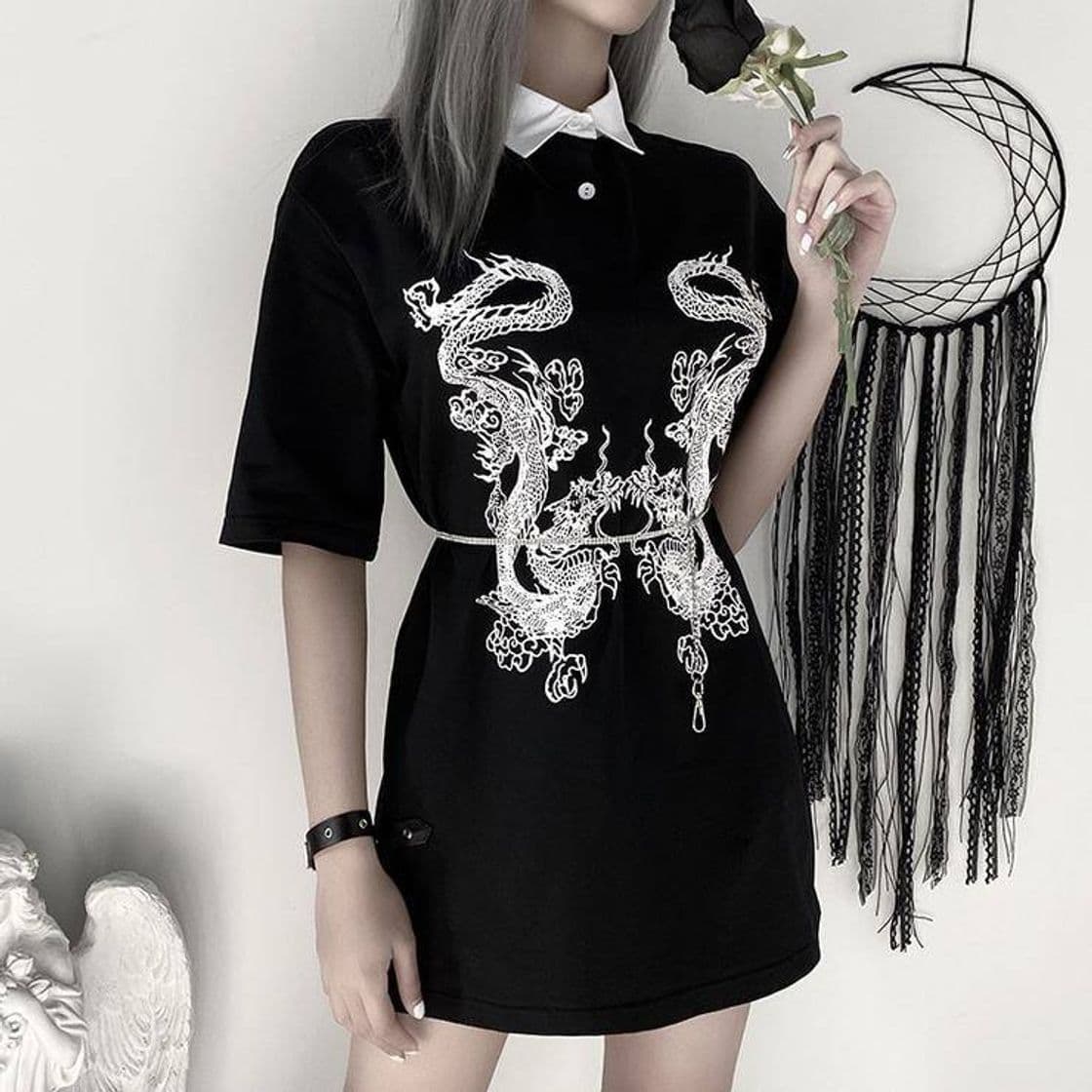 Moda Goth Dark Dragon Print Vintage Gothic Female T