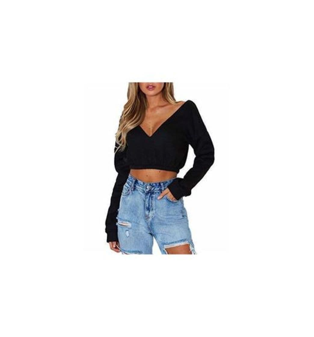 Producto OUFour Primavera y Otoño Mujeres Crop Top Cuello V Manga Larga Remata