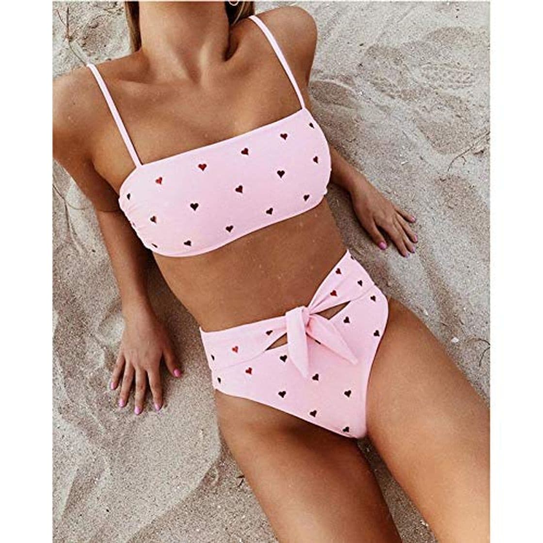 Producto KDYZJK Conjunto de Bikini con Estampado de corazón Rosa Traje de baño Sexy de Cintura Alta Bandeau Trajes de baño brasileños Biqini Ropa de Playa de Verano