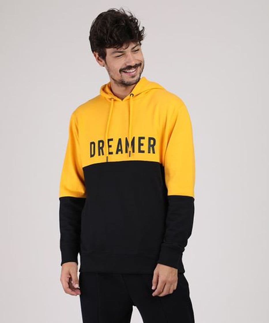 Moda Blusão Masculino em Moletom com Recorte e Capuz Amarelo - cea