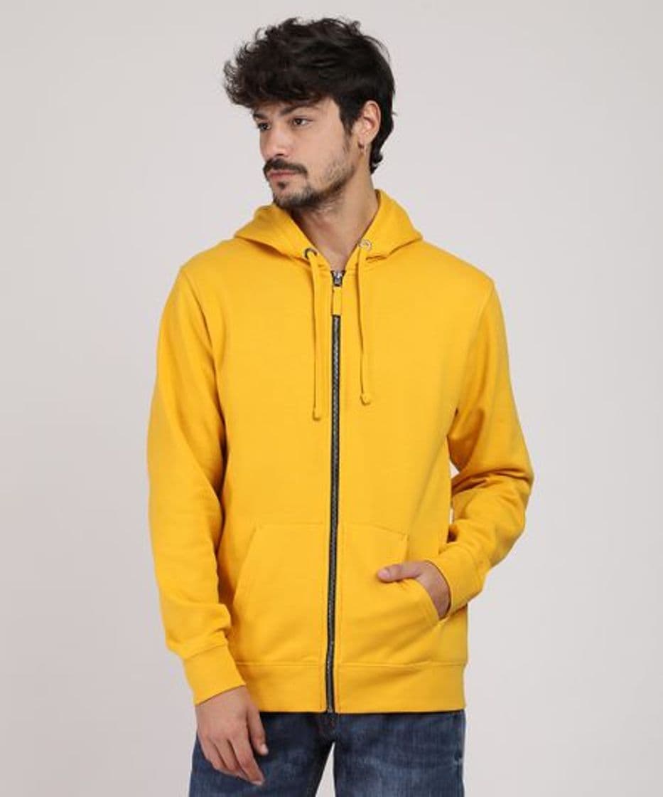 Moda Blusão Masculino Básico em Moletom com Capuz e Bolso Amarelo ...