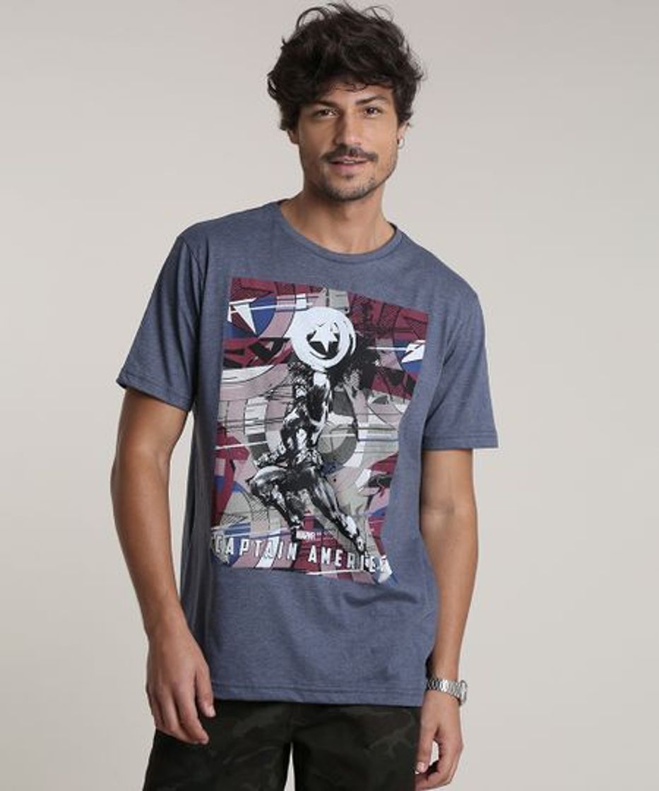 Moda Camiseta Masculina Capitão América Manga Curta Gola Careca Azul