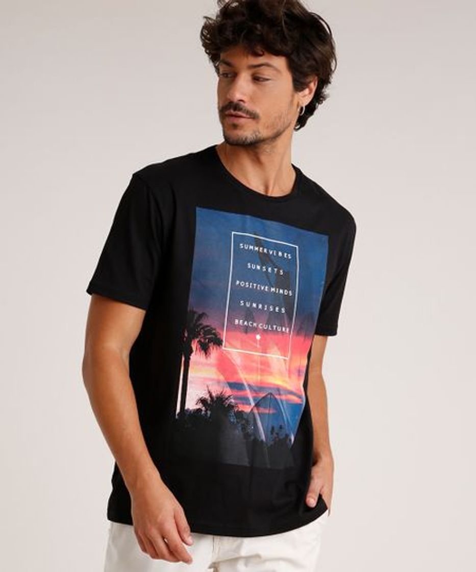 Moda Camiseta Masculina "Summer Vibes" Manga Curta Gola Careca Preta