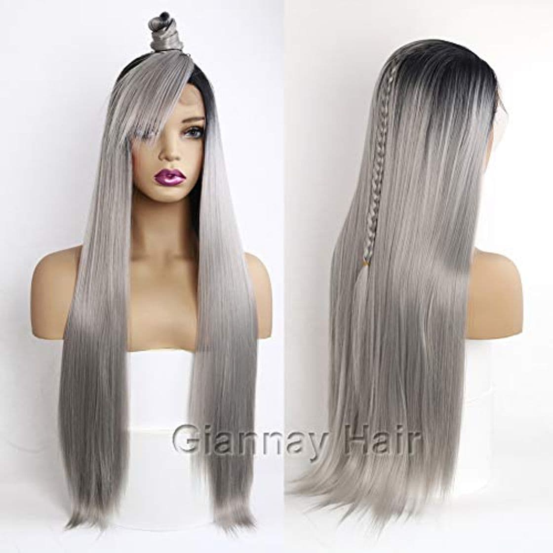 Product Giannay Hair Ombre Gray Dark Roots Lace Front Wigs Long Natural Straight