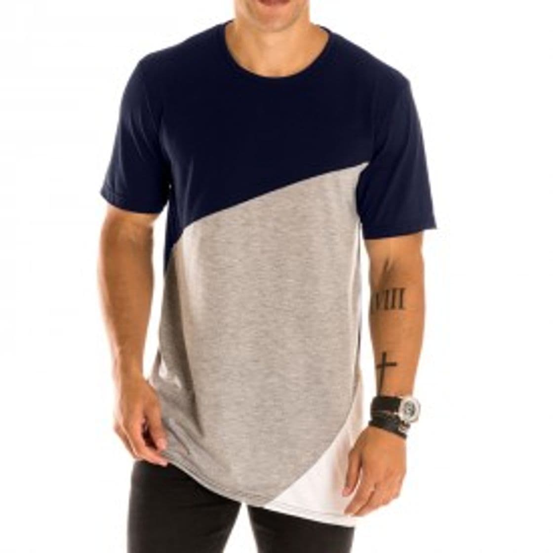 Fashion Camiseta Masculina Long Line Diagonal Azul Marinho - Area Verde