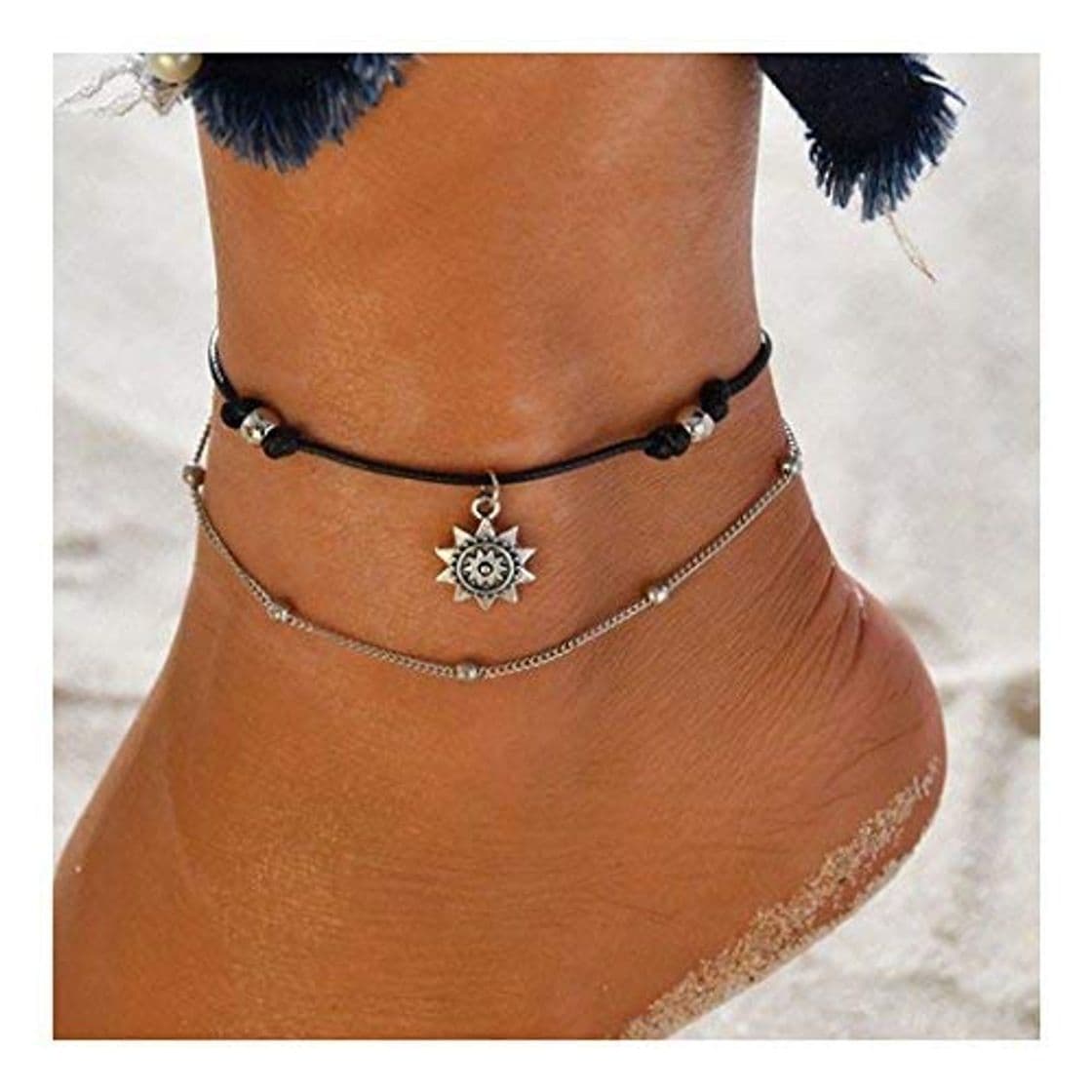 Product Simplemente tobilleras de girasol Pulseras de tobillo doble con cuentas de plata Accesorios de joyería para pies de playa ajustables para mujeres y niñas