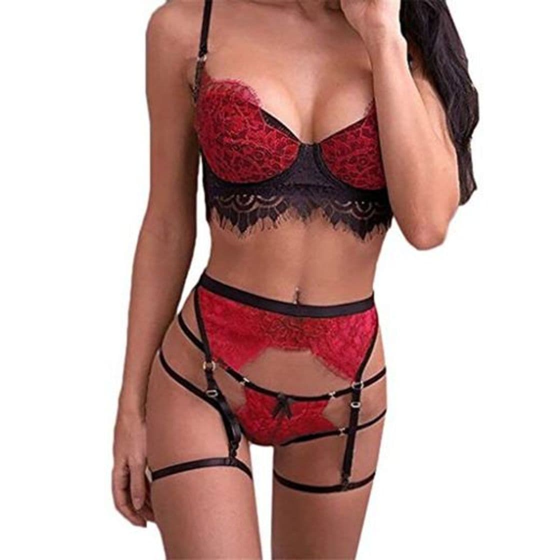 Fashion Lenceria Sexy Mujer Correas Sujetador y Panty Liga Conjunto Ropa Interior Babydoll Atractiva De Muselina Ropa de Dormir de TentacióN Deep V Lencería Pijamas riou