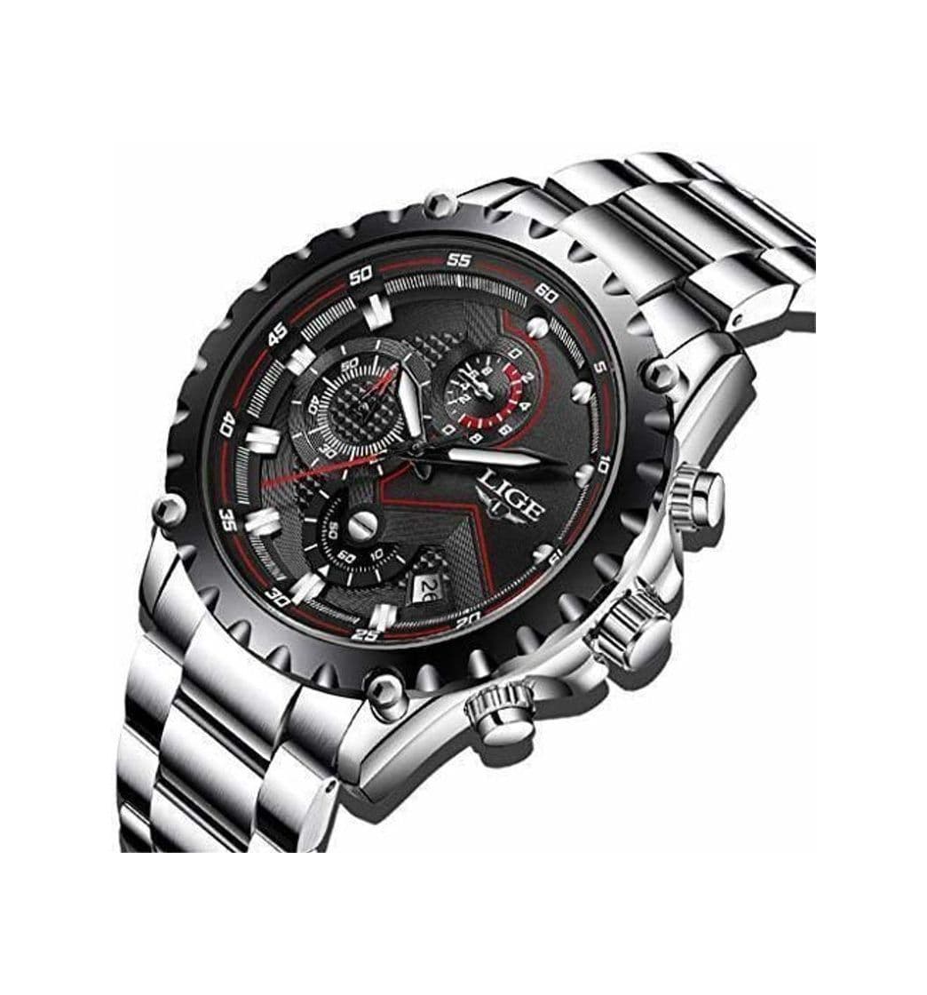 Fashion LIGE Relojes para Hombre Negro Acero Inoxidable Moda Reloj Deportes Impermeable Gran