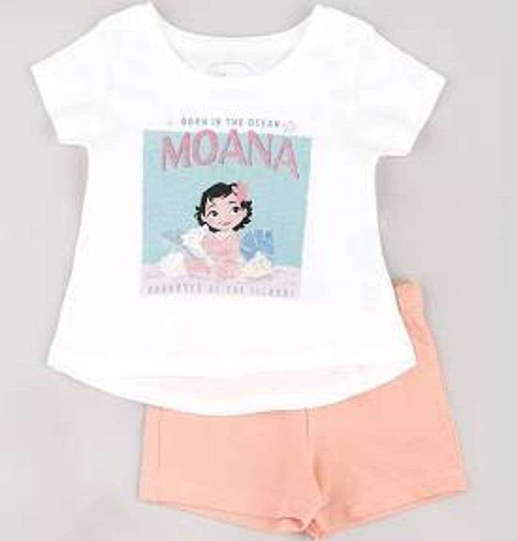 Moda Conjunto Infantil Moana de Blusa Manga Curta + Short em Mole