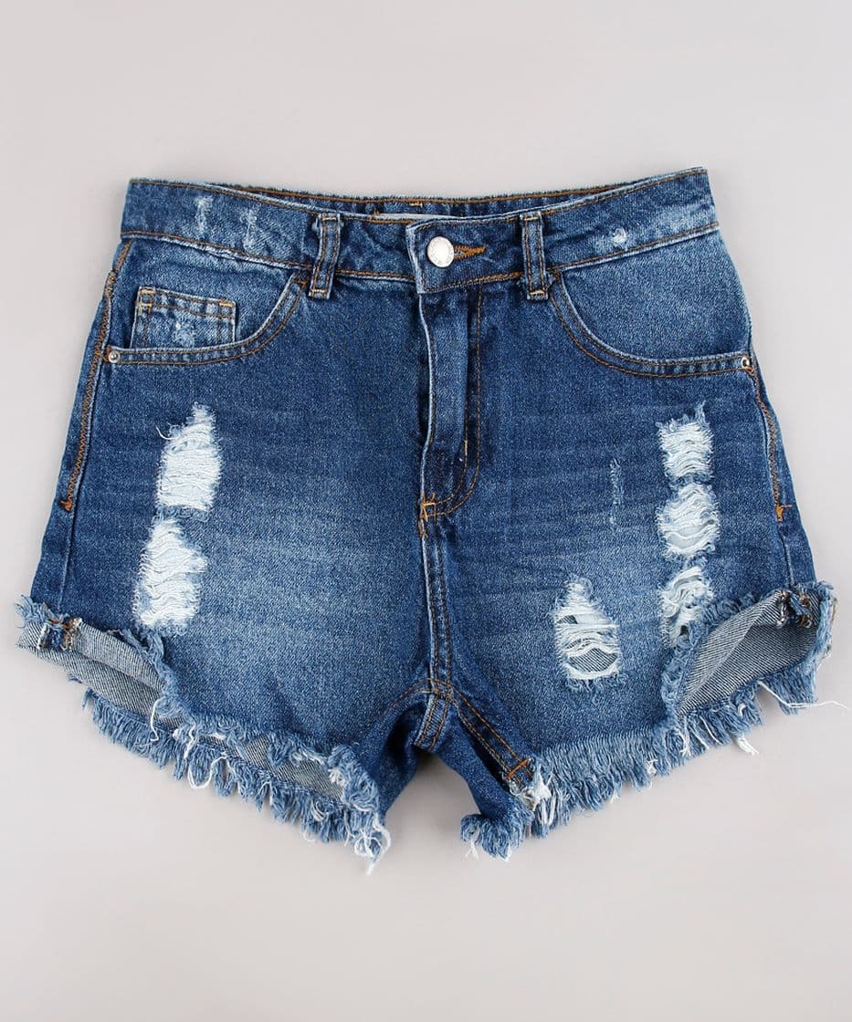 Moda Short Jeans Juvenil Destroyed com Barra Desfiada Azul Escuro