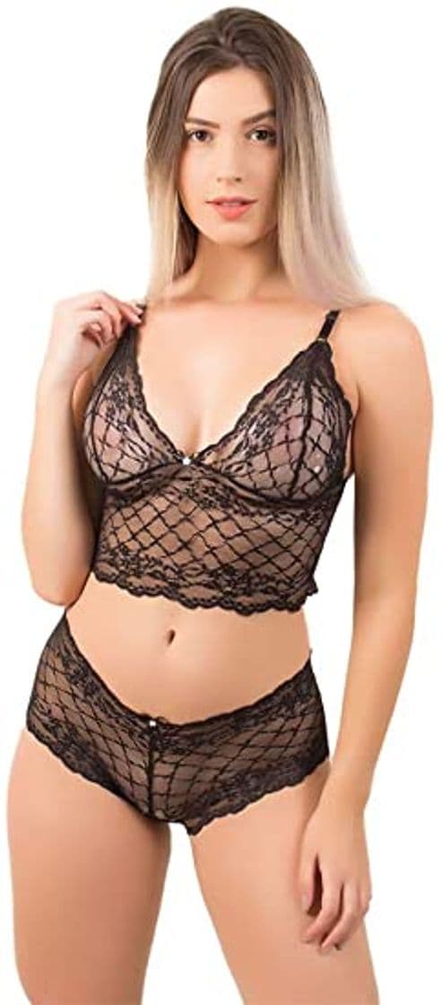 Moda Conjunto Lingerie Baby Doll em Renda, Preto