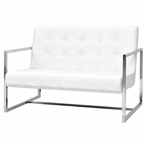 Home vidaXL Sofá 2 Plazas Reposabrazo Acero Cuero Blanco Sillón Asiento Silla Banco