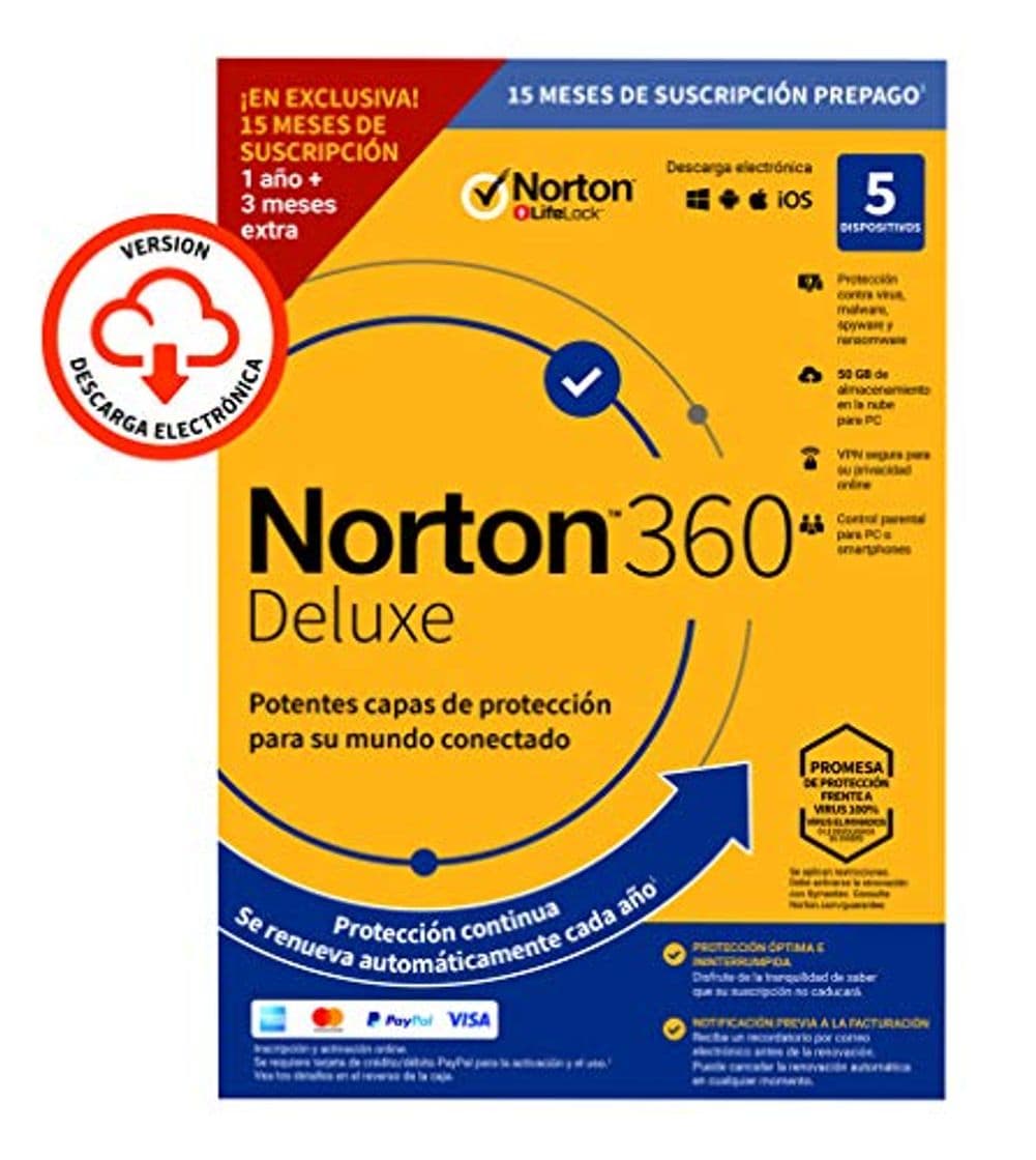 Place Norton 360 Deluxe 2020-Antivirus software para 5 Dispositivos con renovación automática