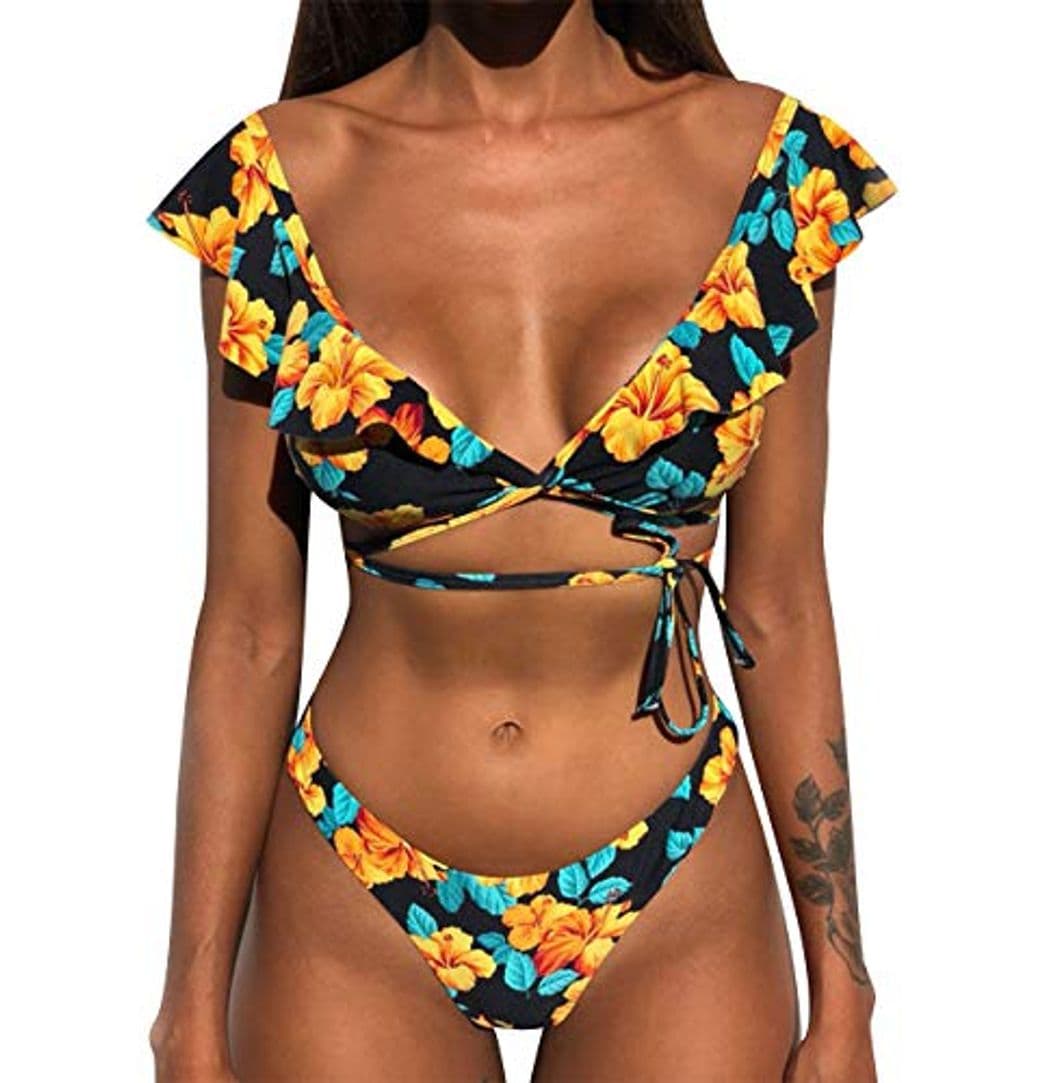 Producto Bikini de Volantes Triangulo Push Up Mujer Trajes de Baño Flores de Dos Piezas Biquini Brasileño Rayas Vikini Bikinis Brasileña Señora Bañador Piscina Playa Mujeres Bañadores Natacion Amarillo M