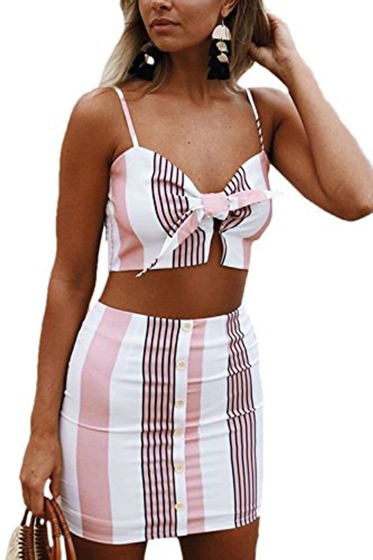 Product Las Mujeres Verano 2 Piezas Trajes Espaguetis Correa De Stripe Crop Top Falda Set Pink S