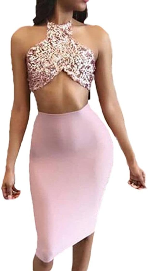 Place Las Mujeres Verano Elegante 2 Piezas Vestido De Paillettes Crop Top Y