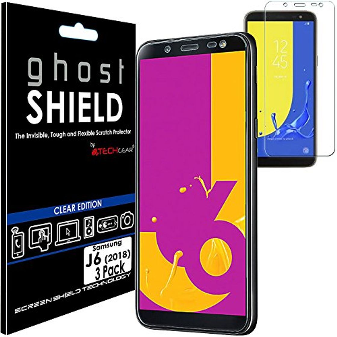 Producto TECHGEAR [3 Piezas Protector de Pantalla Compatible con Samsung Galaxy J6 2018 [ghostSHIELD] Reforzada Flexible TPU Protector de Pantalla con Cobertura de Pantalla Completa inclusiva Pantalla Curva