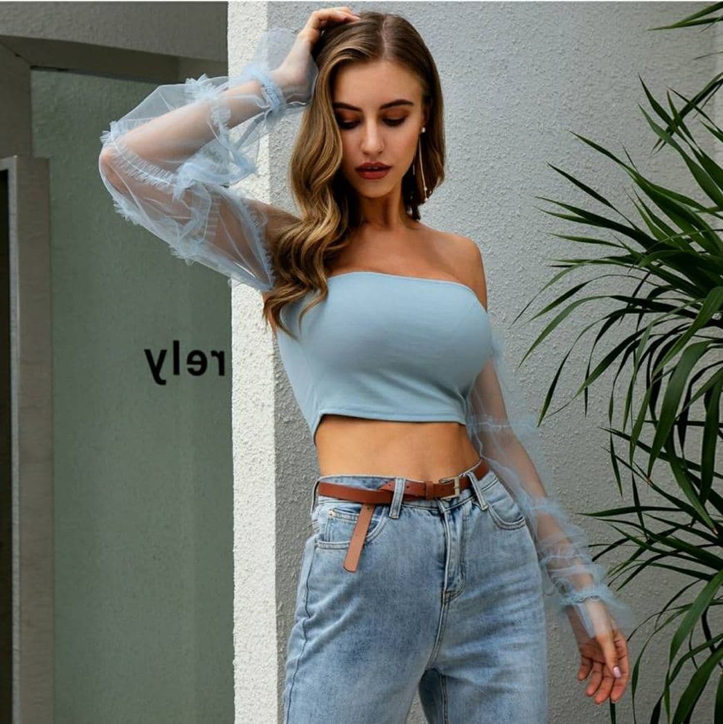 Fashion Double Crazy Off Shoulder Sheer Mesh Sleeve Crop Top