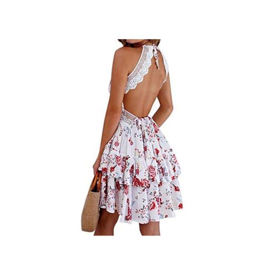 Fashion Mujer Vestido Bohemio Corto Sin Espalda Verano Vestido Sexy Cuello en V Noche Vestidos de Playa Floral L