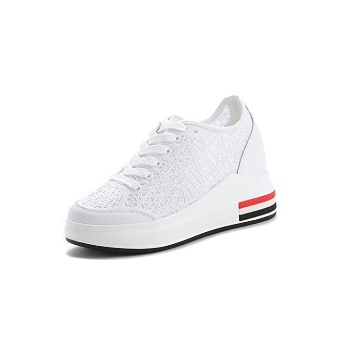 Producto Zapatillas de Deporte de Plataforma para Mujer Tejido Transpirable de Moda Ahueca hacia Fuera PU con Cordones Bajo Superior Tacón Oculto 7 CM Primavera Verano Damas Casual Zapatos Blancos