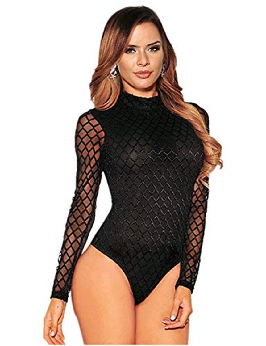 Product ohyeahlady Mujer Body Negro Leotardo de Manga Larga de Malla Transparente Cuello Alto para Fiesta Bodis Elegante Talla Grande