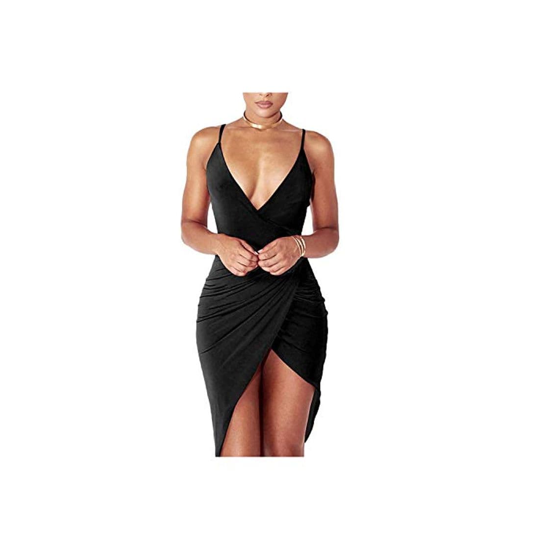 Product DRESHOW Women's Sexy Deep V Neck Sleeveless Spaghetti Strap Bodycon Wrap Dress Front Slit Bandage Midi Club Dress