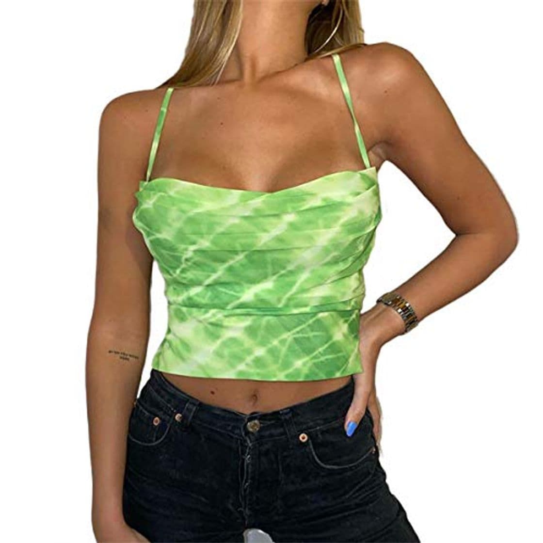 Fashion Mujer Sexy sin Mangas Cami Camisola Tie Dye Backless Strappy Crop Top