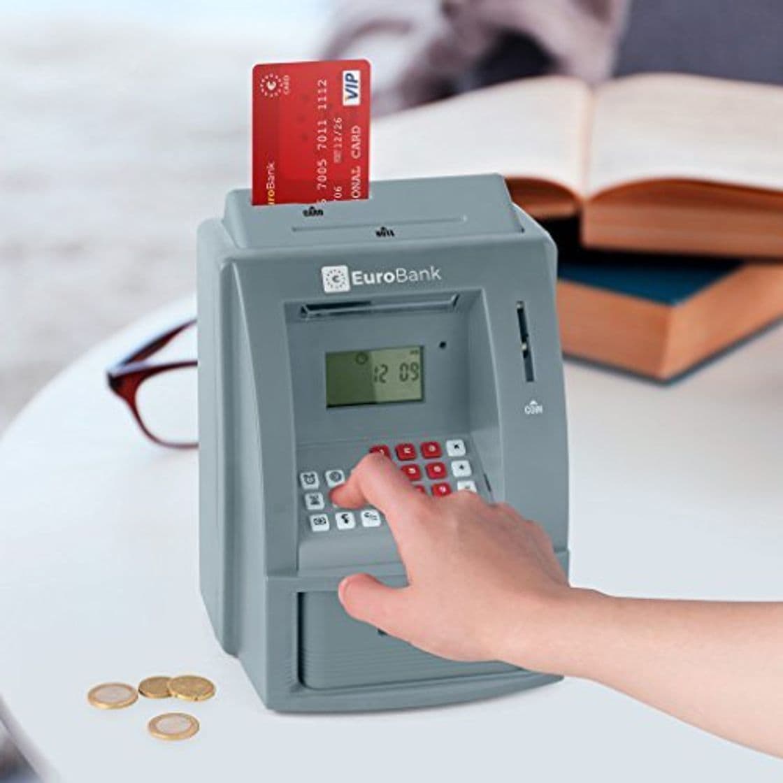 Electronic Balvi - Euro Bank Hucha cajero automático electrónico. Contador automático de Monedas. Funciona con 3 Pilas AAA.