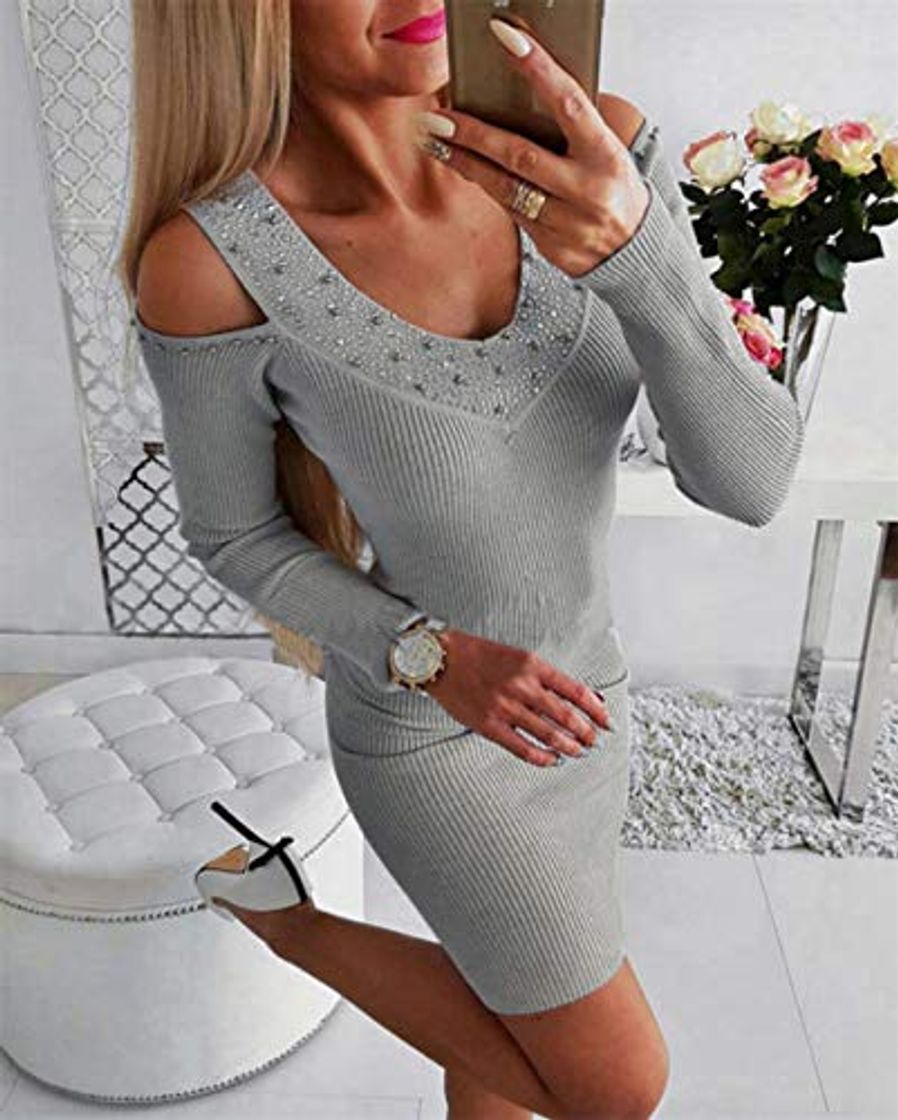 Producto Autumn Off Shoulder Knitted Slim Mini Dress Women Casual Diamond Decor V