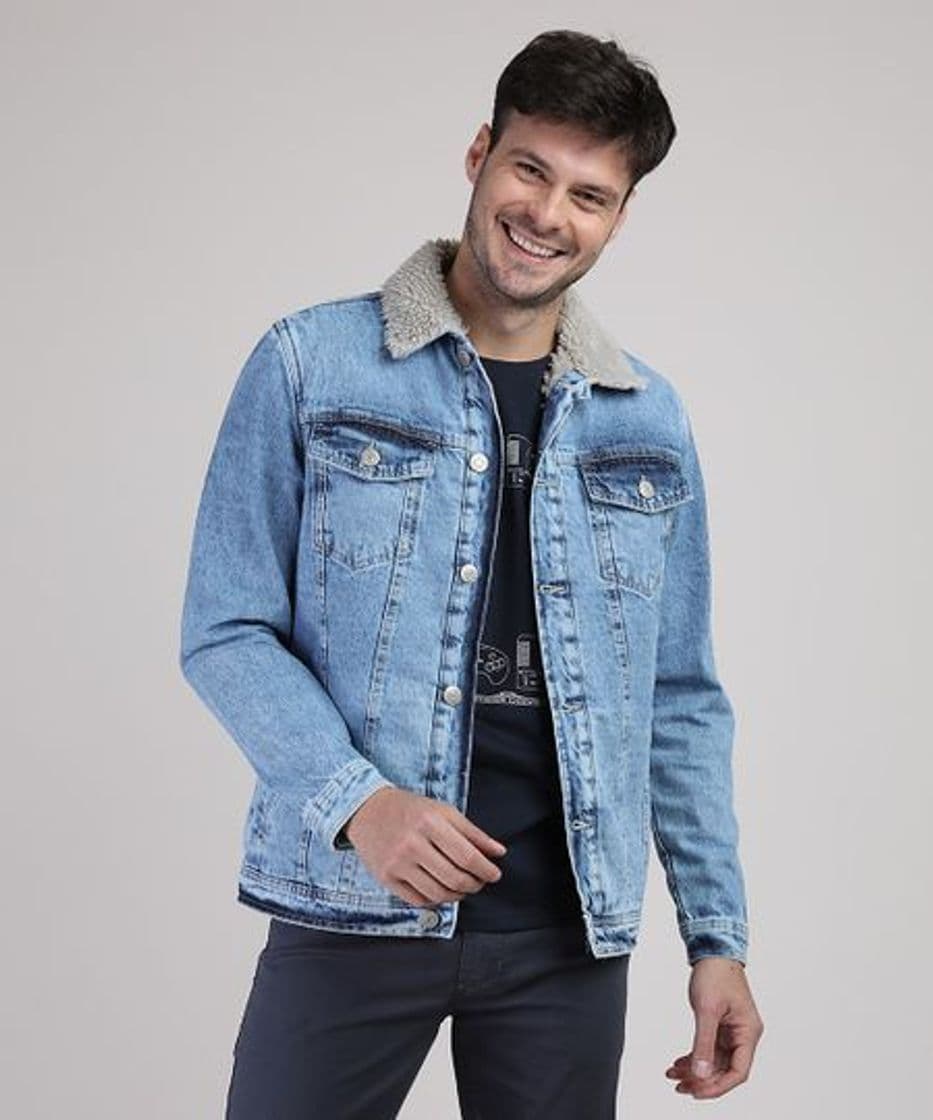 Moda Jaqueta Jeans Masculina com Bolsos e Pelo Azul Médio - cea