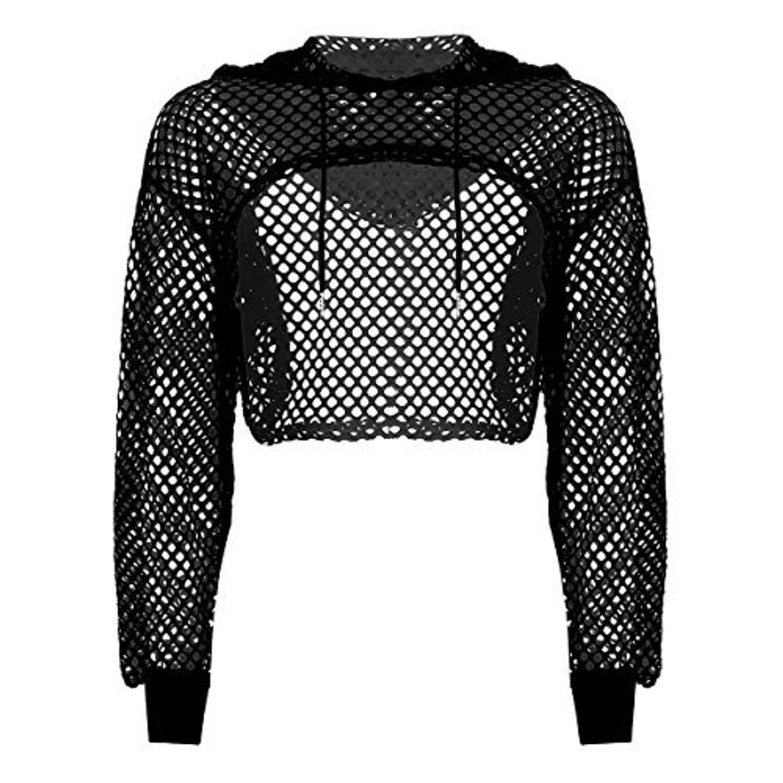 Fashion iiniim Crop Top con Capucha Mujer Manga Larga de Malla Transparente Pecho Abierto Blusa Chaleco Sexy Tops Camiseta Corta Traje Club Danza Fiesta Mesh Fishnet Hooded Shirts Negro S