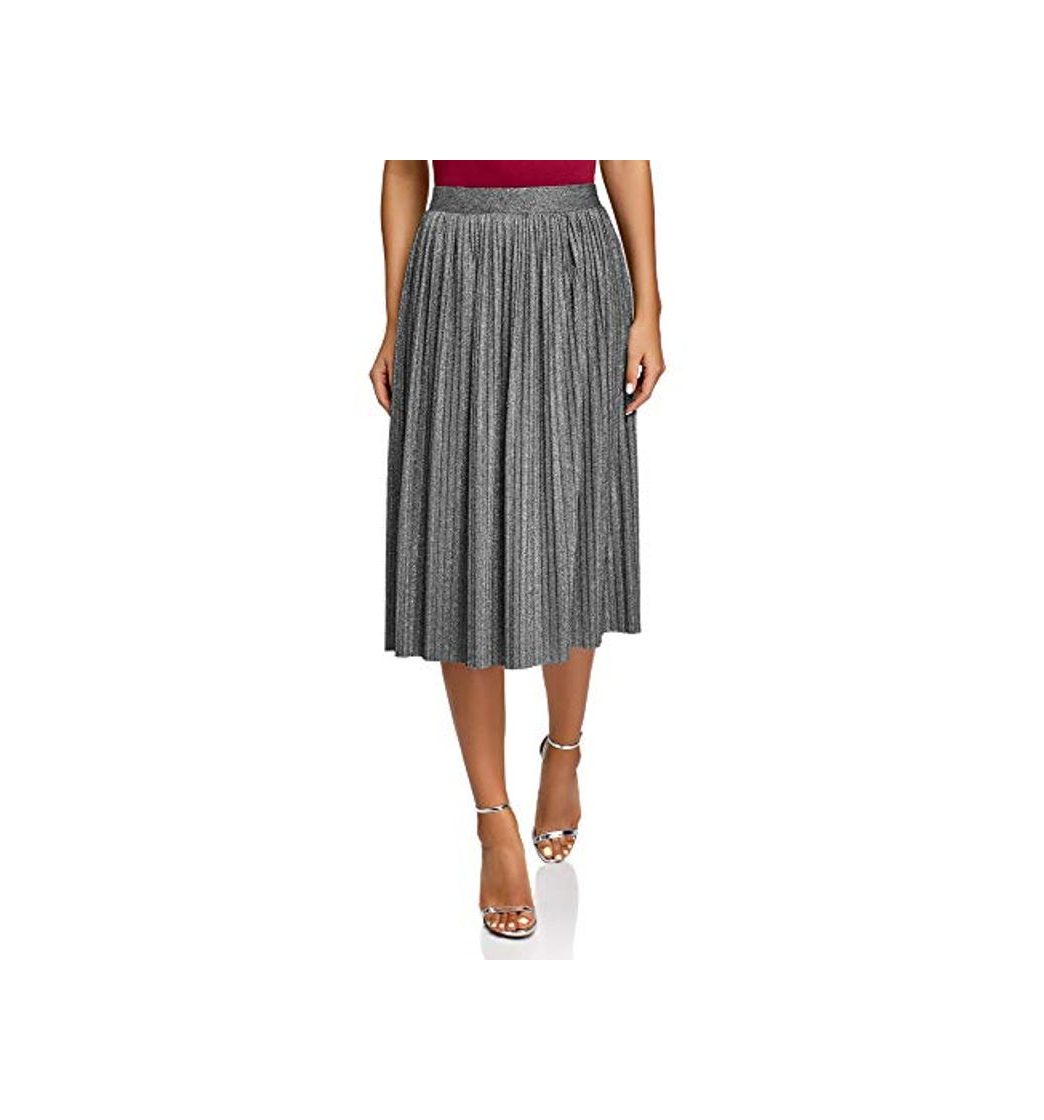 Moda oodji Collection Mujer Falda Midi Plisada con Lúrex, Plateado, ES 44