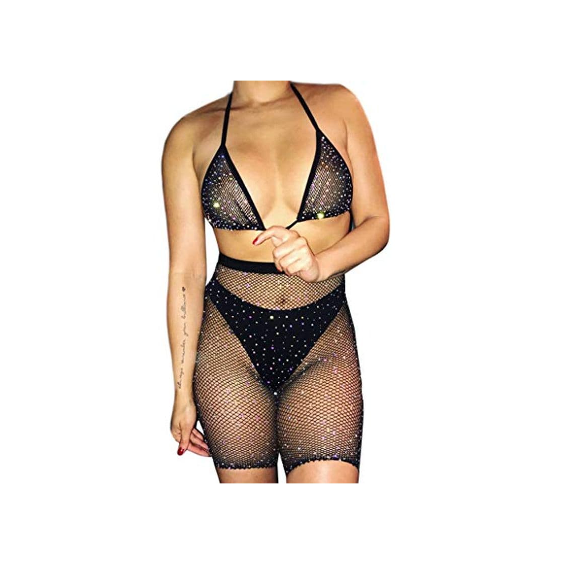 Moda VIccoo Womens Erotic See Through Fishnet Conjunto de Ropa Interior Brillo de