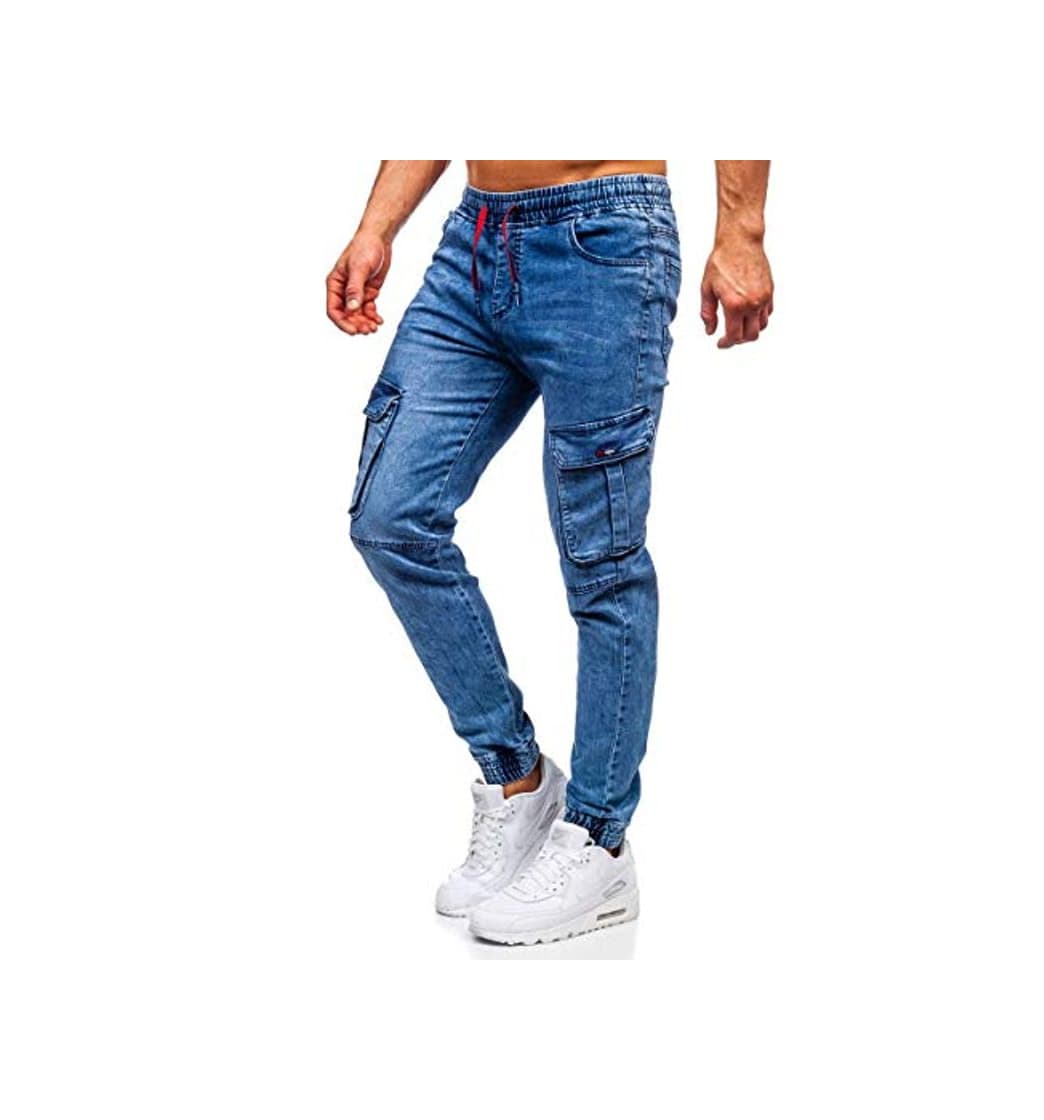 Product BOLF Hombre Pantalón Vaquero Jogger Denim Pantalones Cargo de Algodón Slim Fit Bajos Ajustados Estilo Urbano Red Fireball HY689 Azul Oscuro M [6F6]