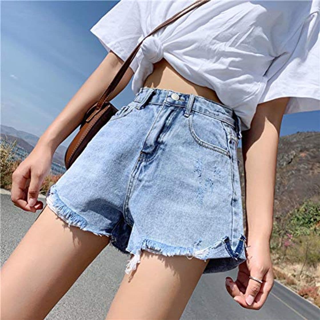 Product DAIDAICDK Pantalones Cortos De Cintura Alta De Verano Pantalones Cortos De Mezclilla Feminina Estilo Elegante Jeans De Una Línea Pantalones Cortos Casuales para Mujer