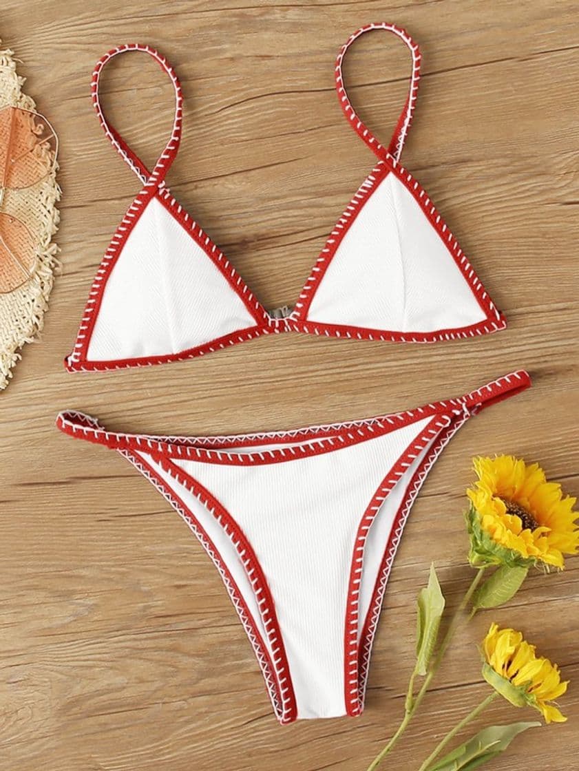 Fashion Rib Whip Stitch Triangle Tanga Bikini - SHEIN