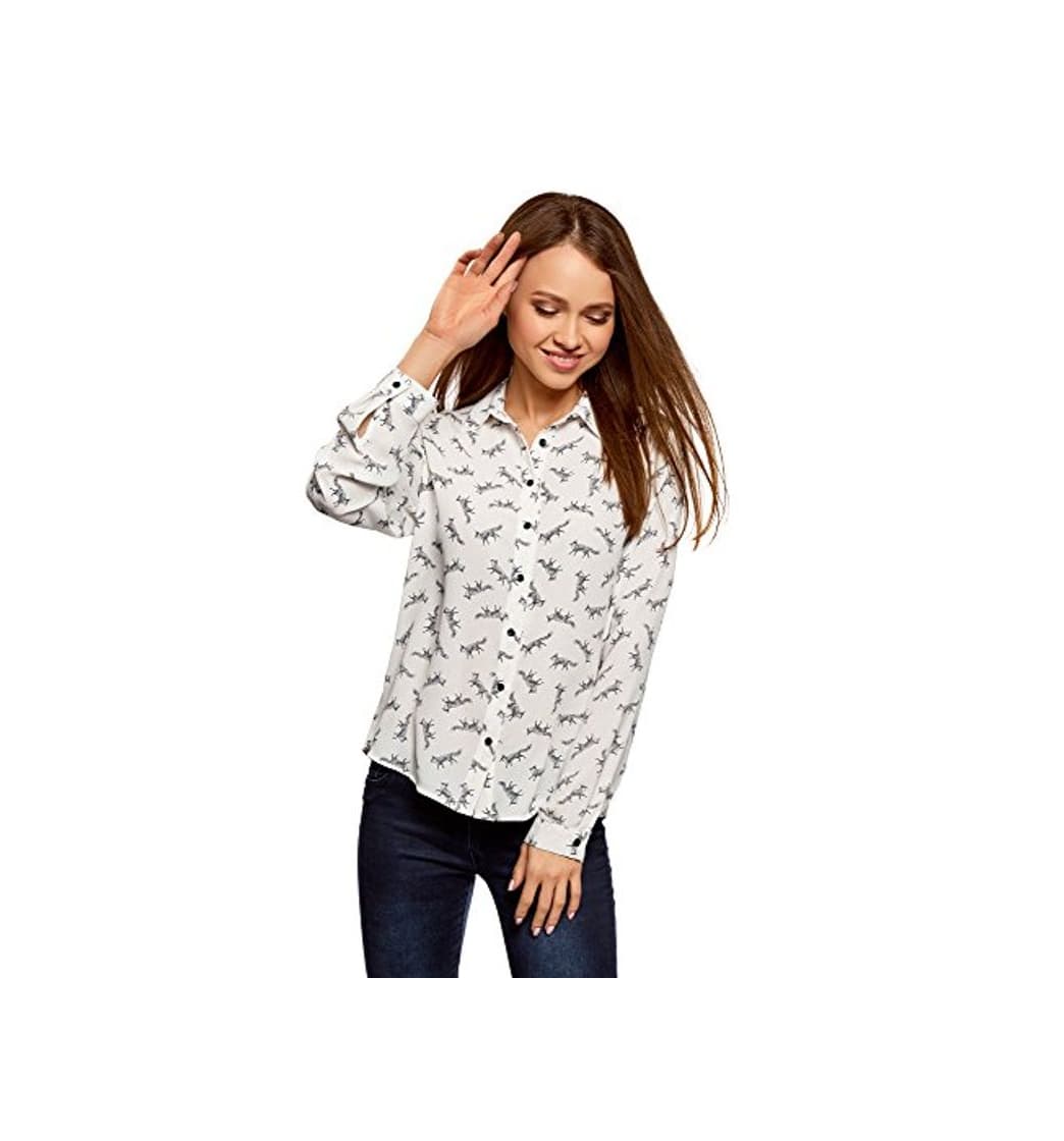 Product oodji Ultra Mujer Blusa Estampada de Gasa, Blanco, ES 40